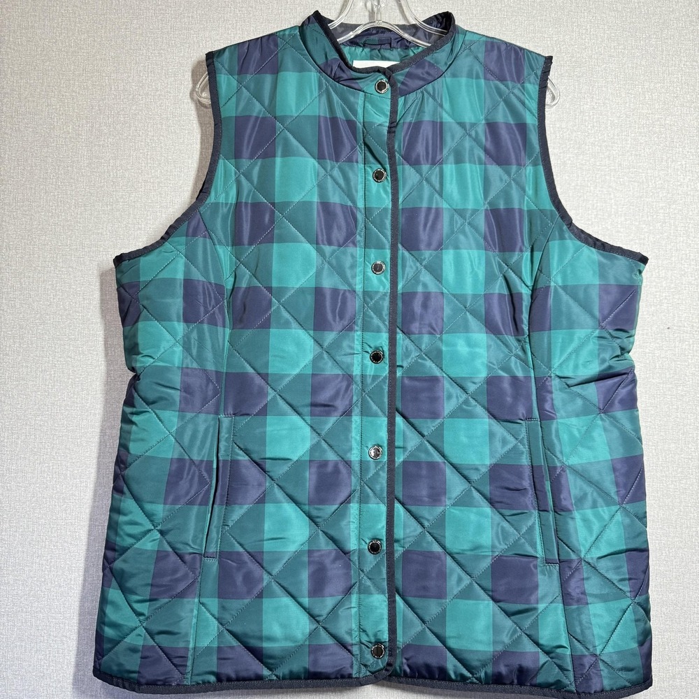 Isaac Mizrahi Live!‎ Vest Womens L Blue Plaid Quilted Snap Front Padded Layering